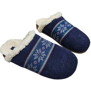 Lands End Womens Wool Blend Slip-On Slippers Sherpa‎ Blue Nordic Snowflake 9